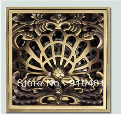 Wholesale And Retail Promotiom Euro Style Antique Brass Flower Art Carved Floor Drain Shower Square Waste Grate [Floor Drain & Pop up Drain-2648|]