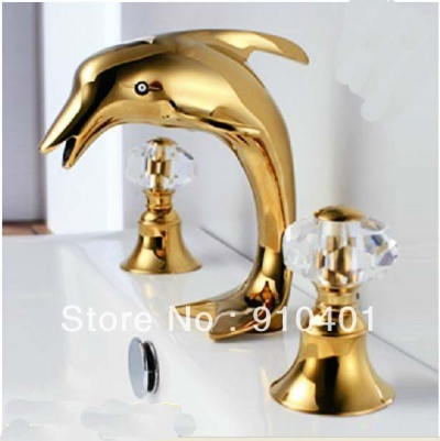 Wholesale And Retail Promotion Deck Mounted Widespread Golden Dolphin Faucet Animal Sink Mixer Tap Dual Handles [Golden Faucet-2017|]