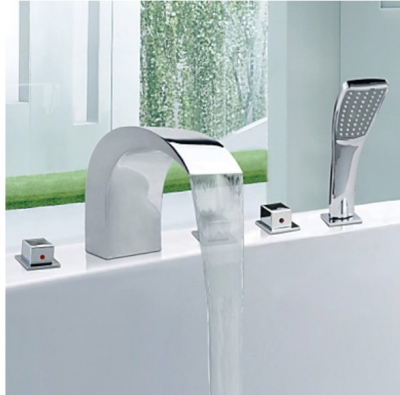 Wholesale And Retail Promotion Luxury Brass Roman Waterfall Bathtub Faucet 5PCS Mixer Tap W/ Hand Shower Chrome [5 PCS Tub Faucet-176|]