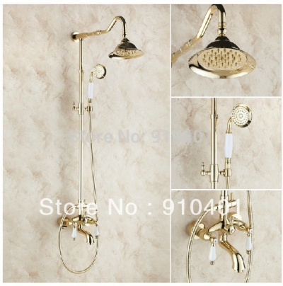 Wholesale And Retail Promotion Luxury Golden Brass Rain Shower Faucet Set Bathtub Mixer Tap Dual Handles Shower