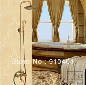 Wholesale And Retail Promotion NEW Antique Brass Bathroom Rain Shower Faucet Set Bathtub Mixer Tap Dual Handles