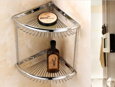Wholesale And Retail Promotion NEW Chrome Brass Bathroom Shower Caddy Cosmetic Shelf Storage Holder Dual Tiers [Storage Holders & Racks-4442|]