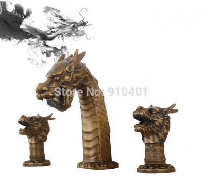 Wholesale And Retail Promotion NEW Deck Mounted Chinese Dragon Bathroom Basin Faucet Widespread Sink Mixer Tap