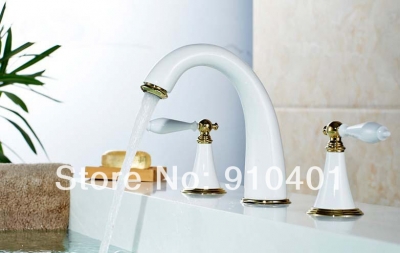 Wholesale And Retail Promotion NEW White Golden Widespread Brass Bathroom Basin Faucet Dual Handles Mixer Tap [Chrome Faucet-1365|]