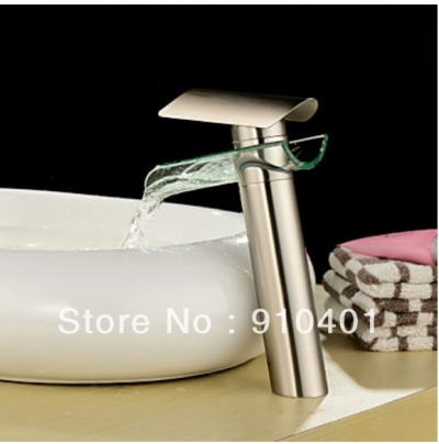 Wholesale And Retail Promotion Tall Style Brushed Nickel Waterfall Bathroom Faucet Sink Mixer Tap Glass Spout