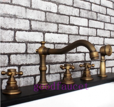 wholesale and retail Luxury antique brass bathroom tub faucet deck mounted mixer tap 5pcs set three cross handles