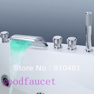 LED Light Color Changing Romen Widespread Waterfall Bathroom Bathtub Faucet With Handheld Shower Chrome