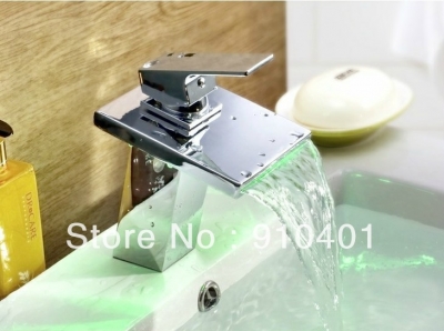 NEW Wholesale / retail Promotion Modern LED Color Changing Chrome Brass Faucet Bathroom Waterfall Sink Mixer Tap