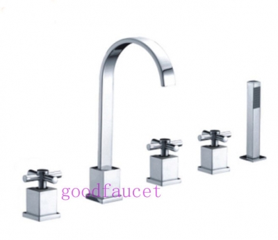 Wholesale And Retail Promotion Deck Mounted Chrome Brass Bathtub Faucet 3 Cross Handles 5PCS Shower Mixer Tap [5 PCS Tub Faucet-170|]