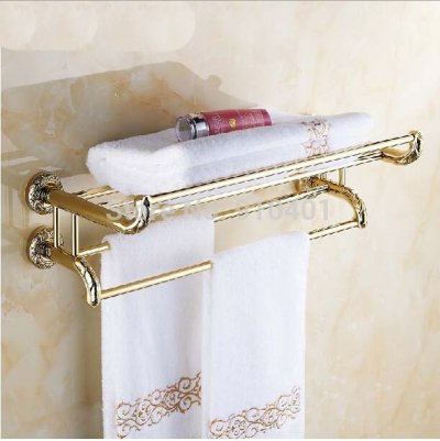 Wholesale And Retail Promotion Golden Brass Flower Carved Wall Mount Towel Rack Holder Bathroom Shelf Towel Bar