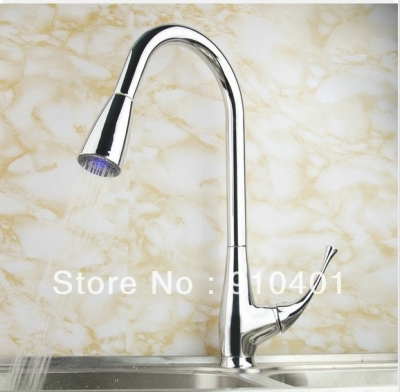 Wholesale And Retail Promotion LED Color Changing Chrome Brass Kitchen Faucet Pull Out Sprayer Sink Mixer Tap [Chrome Faucet-1034|]