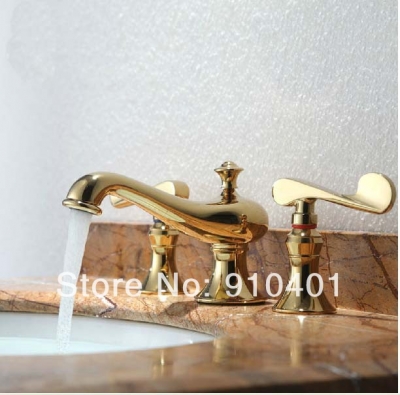 Wholesale And Retail Promotion Luxury Widespread Golden Brass Bathroom Basin Faucet Dual Handles Sink Mixer Tap