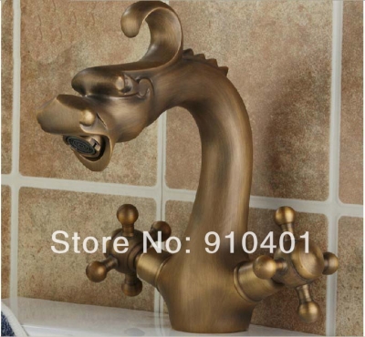 Wholesale And Retail Promotion NEW Luxury Antique Brass Dragon Faucet Dual Cross Handles Vanity Sink Mixer Tap