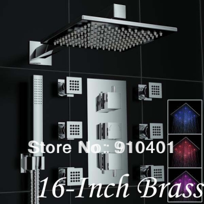 Wholesale And Retail Promotion NEW Modern Square LED Thermostatic 16" (40cm) Shower Faucet Sets W/6 Body Jets [LED Shower-3287|]