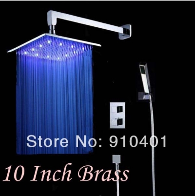 Wholesale And Retail Promotion NEW Polished Chrome 10" Square Rain LED Thermostatic Shower Faucet Set Mixer Tap [LED Shower-3296|]