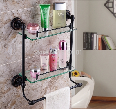 Wholesale And Retail Promotion Oil Rubbed Bronze Bathroom Shelf Dual Glass Tier Caddy Cosmetic Shelf Towel Bar [Storage Holders & Racks-4383|]
