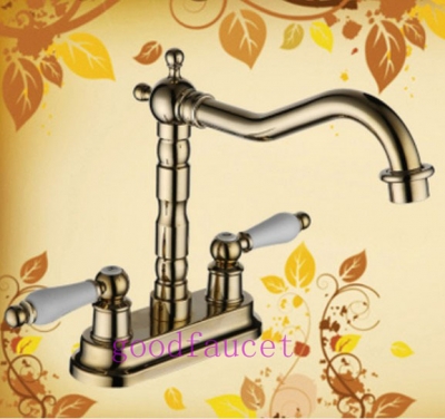Wholesale And Retail Promotion Polished Golden Deck Mounted Bathroom Sink Basin Faucet Dual Ceramic Handles