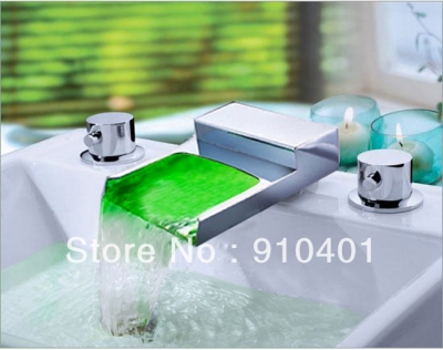 !Color Changing LED Widespread Waterfall Basin Faucet Bathroom Sink Square Mixer Tap Dual Handles Chrome