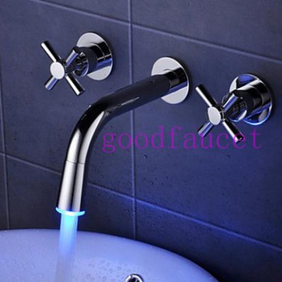 !Widespread bathroom basin faucet wall mounted LED color changing mixer tap chrome brass hot and cold water tap [LED Faucet-3189|]