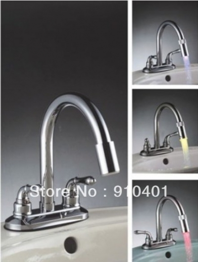 Classic double handls color changing LED bathroon basin faucet solid brass mixer tap chrome finish [LED Faucet-3238|]