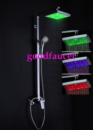 Wholesale And Retail Bathroom LED Chrome 8" Square Rain Shower Column Faucet Set Mixer Tap Shower Color Changing [LED Shower-3396|]