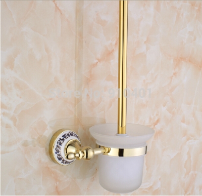 Wholesale And Retail Promotion Blue And White Porcelain Golden Bathroom Europe Toilet Brush Holder W/ Glass Cup