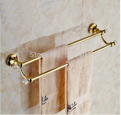 Wholesale And Retail Promotion Golden Brass Bathroom Solid Brass Towel Rack Holder Dual Towel Bar Crystal Hooks [Towel bar ring shelf-5116|]