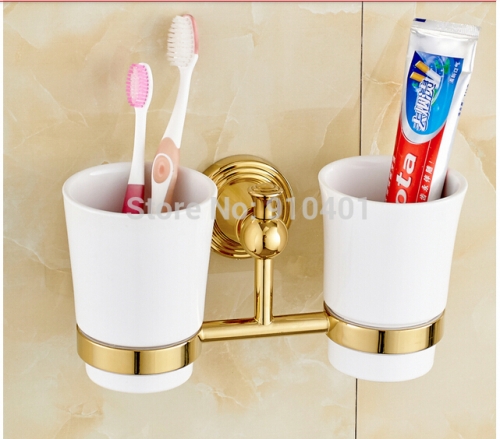 Wholesale And Retail Promotion Golden Brass Bathroom Toothbrush Holder Dual Ceramic Cups Wall Mounted Holder