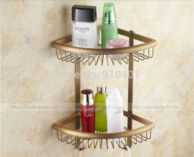 Wholesale And Retail Promotion NEW Antique Brass Bathroom Shelf Dual Tiers Corner Caddy Cosmetic Storage Holder [Storage Holders & Racks-4495|]