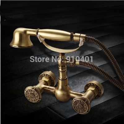 Wholesale And Retail Promotion Wall Mounted Antique Brass Batrhoom Tub Faucet Dual Round Handle W/ Hand Shower