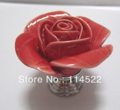 hand made ceramic red rose knobs with silver chrome base flower knob cabinet pull kitchen cupboard knob kids drawer knobs MG-16 [NewItems-295|]