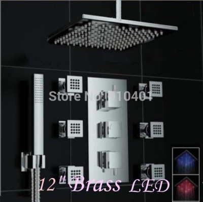 wholesale and retail Promotion LED Color Changing Thermostatic 12" Brass Rain Shower Faucet Massage Jets Mixer