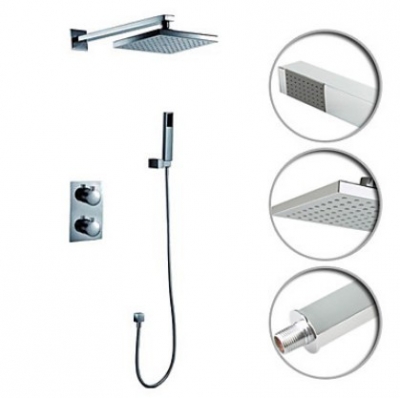 Chrome Luxury Bathroom Thermostatic Rainfall Shower Set Faucet Square 8"Shower Head W/ Handheld Shower