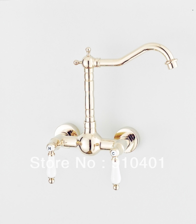 Wholesale And Retail Promotion Golden Wall Mounted Bathroom Basin Faucet Dual Ceramic Handles Sink Mixer Tap [Golden Faucet-2898|]