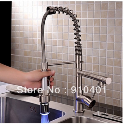 Wholesale And Retail Promotion LED Color Brushed Nickel Spring Kitchen Faucet Dual Swivel Spout Sink Mixer Tap [LEDFaucet-3530|]