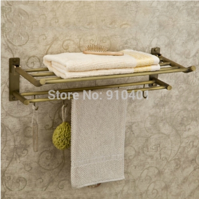 Wholesale And Retail Promotion NEW Antique Brass Towel Rack Holder Bathroom Shelf Wall Mounted Towel Bar Hooks