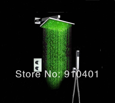 Wholesale And Retail Promotion NEW Chrome Brass LED Square 12" Shower Head + Thermostatic Valve + Hand Shower [LED Shower-3463|]
