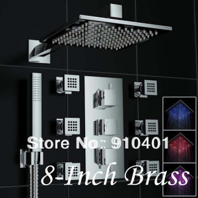 Wholesale And Retail Promotion NEW Chrome LED Thermostatic 8" Soild Brass Rain Shower Faucet Set W/ Jets Shower [LED Shower-3435|]