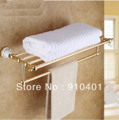 Wholesale And Retail Promotion NEW Wall Mounted Golden Brass Bathroom Towel Shelf Towel Rack Holder Towel Bar