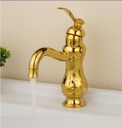 Wholesale And Retail Promotion Polished Golden Brass Flower Carved Bathroom Sink Faucet Single Handle Mixer Tap
