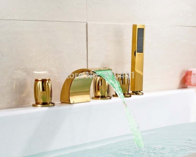 Wholesale And Retail Promotion Widespread Golden Brass Waterfall Bathroom Tub Faucet Cold Hot Water Mixer Tap [5 PCS Tub Faucet-153|]