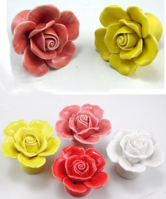 new design hand made red yellow pink white rose flower ceramic knobs handle cabinet pull kitchen cupboard knob kids drawer knobs