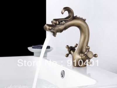 Luxury Euro Style Classic Antique Brass Dragon Animal Basin Faucet Mixer Tap Double Cross Head Handles [Antique Brass Faucet-346|]