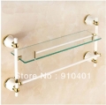 NEW Modern White Golden Bathroom Shower Cosmetic Shelf Glass Tier W/ Towel Bar