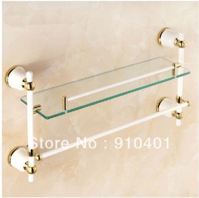 NEW Modern White Golden Bathroom Shower Cosmetic Shelf Glass Tier W/ Towel Bar [Storage Holders & Racks-4329|]