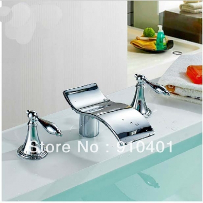 NEW Wholesale and retail Promotion Deck Mounted Widespread Bathroom Waterfall Basin Faucet Dual Handles Mixer Tap [Chrome Faucet-1665|]