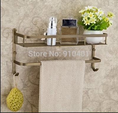 Wholesale And Retail Promotion Antique Brass Bathroom Square Shelf Shower Caddy Storage With Towel Bar Hooks