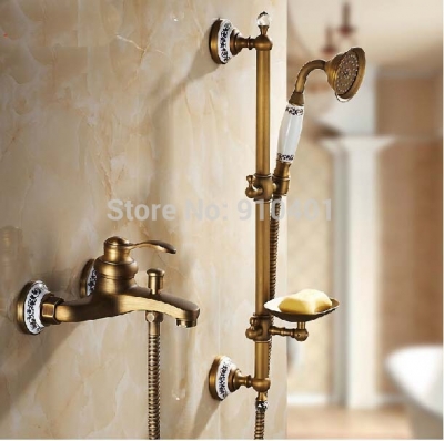 Wholesale And Retail Promotion Ceramic Antique Brass Bathroom Tub Faucet Sliding Bar Hand Shower W/ Soap Dish