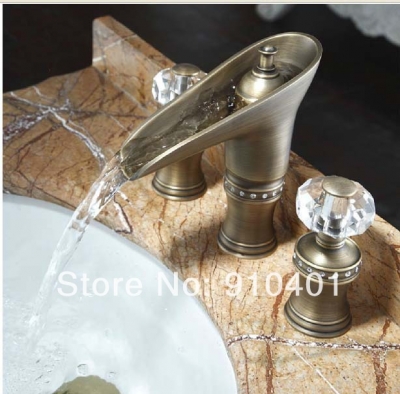 Wholesale And Retail Promotion Deck Mounted Antique Brass Waterfall Bathroom Faucet Dual Handles Sink Mixer Tap