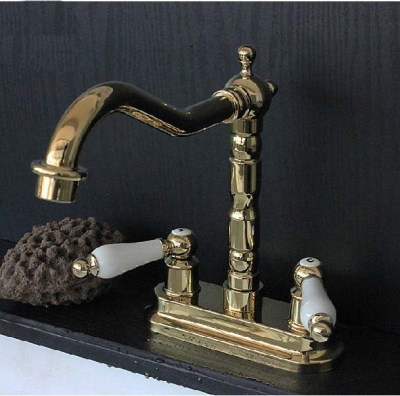 Wholesale And Retail Promotion Deck Mounted Golden Brass Bathroom Faucet Dual Ceramic Handles Sink Mixer Tap [Golden Faucet-2754|]
